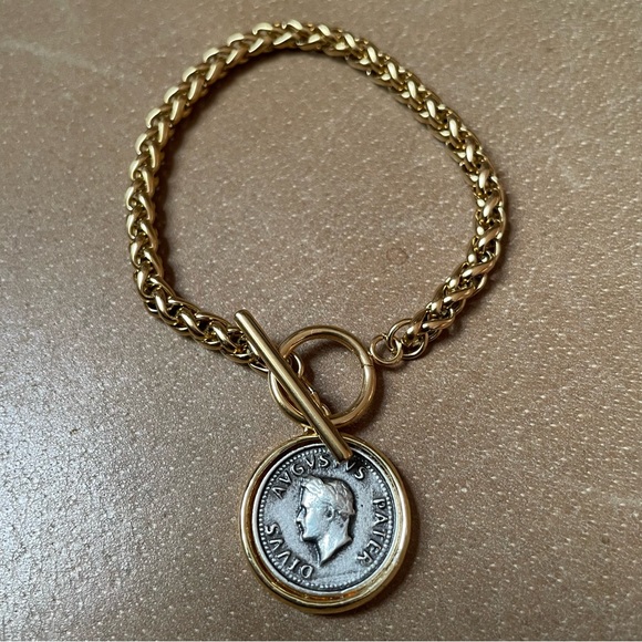 Hand Crafted Jewelry - Roman coin Augustus gold plated wheat chain toggle clasp bracelet layer boho